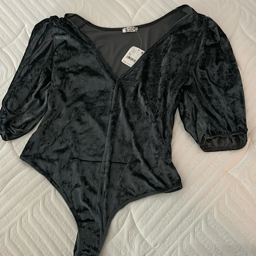 Velvet Blue Puff-Sleeve Bodysuit